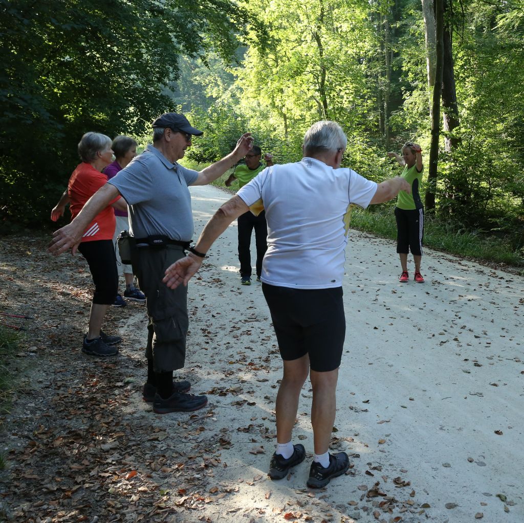 Die Teilnehmenden und die Leitung eines Nordic Walking Kurses führen Übungen für ihre Arme aus.